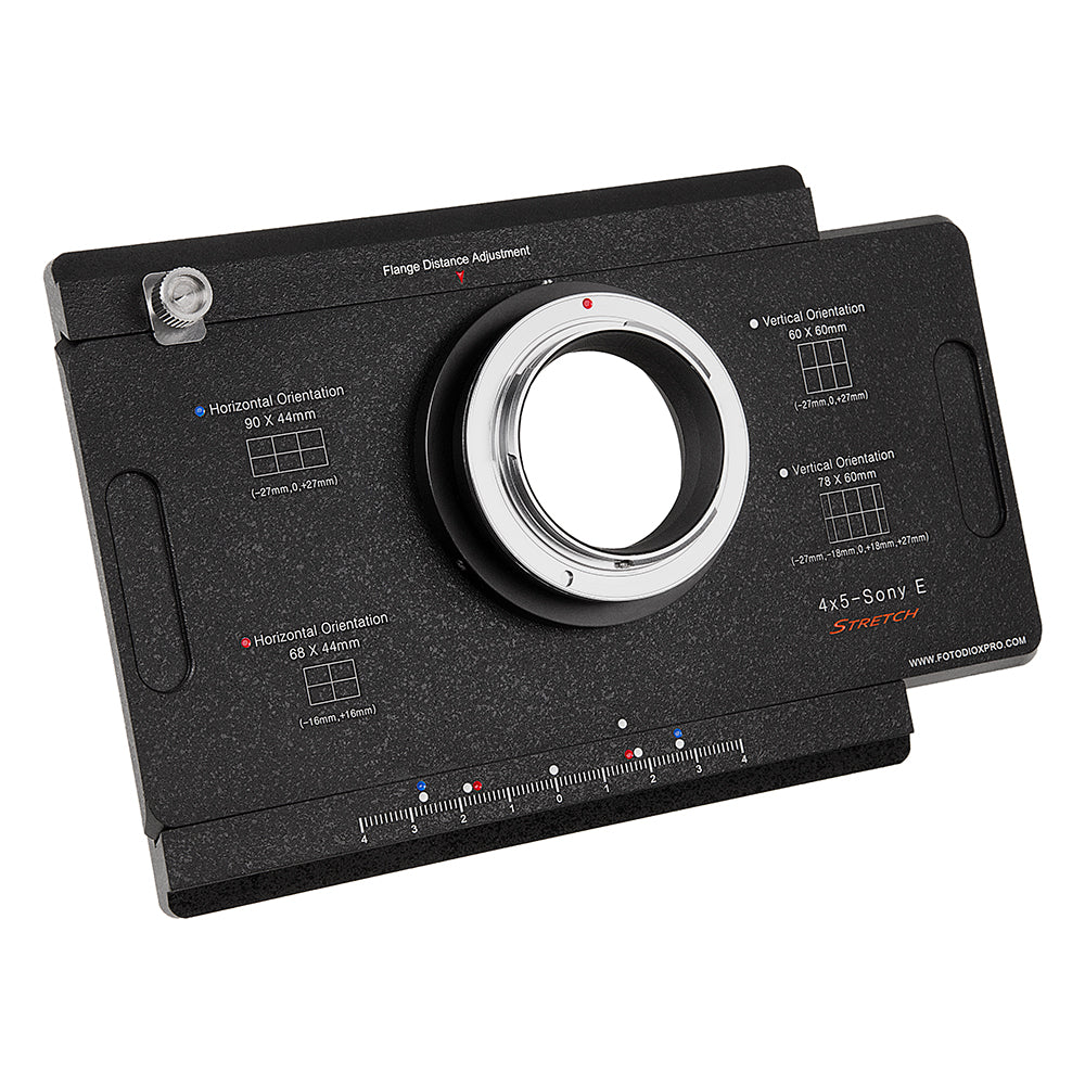 Fotodiox Pro Lens Adapter - Sony E-Mount Cameras to Large Format 4x5 View Cameras with a Graflok Rear Standard - Shift / Stitch Adapter