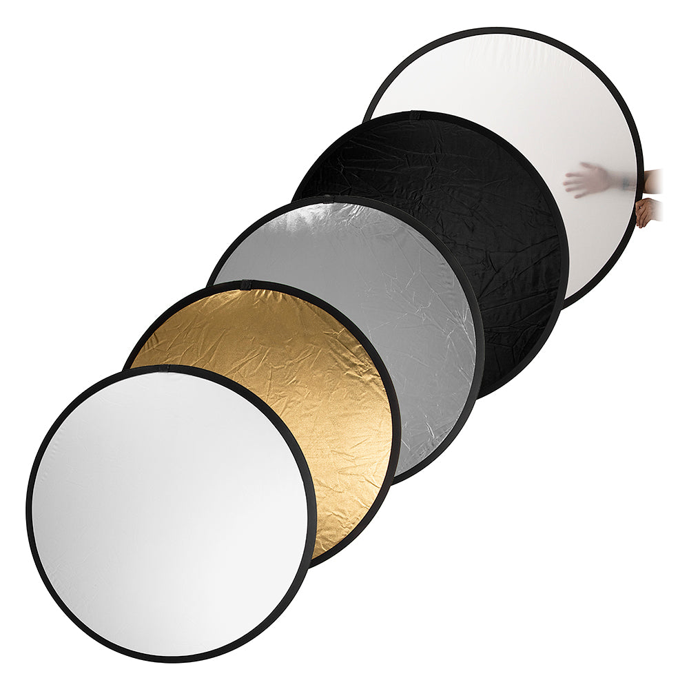 Fotodiox 5-in-1 Reflector Pro, Premium Grade Collapsible Disc, Soft Silver / Gold / Black / White / Diffuser - 5 Size Options