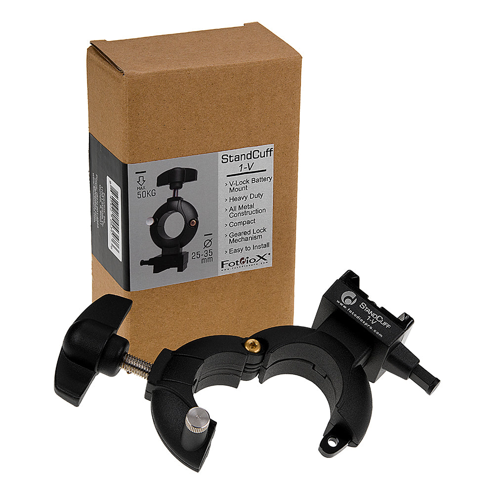 StandCuff 1-V - Compact V-Lock Battery Stand Mount for 20-35mm Diameter Pole Section, All Metal Construction w/ Geared locking Mechanism