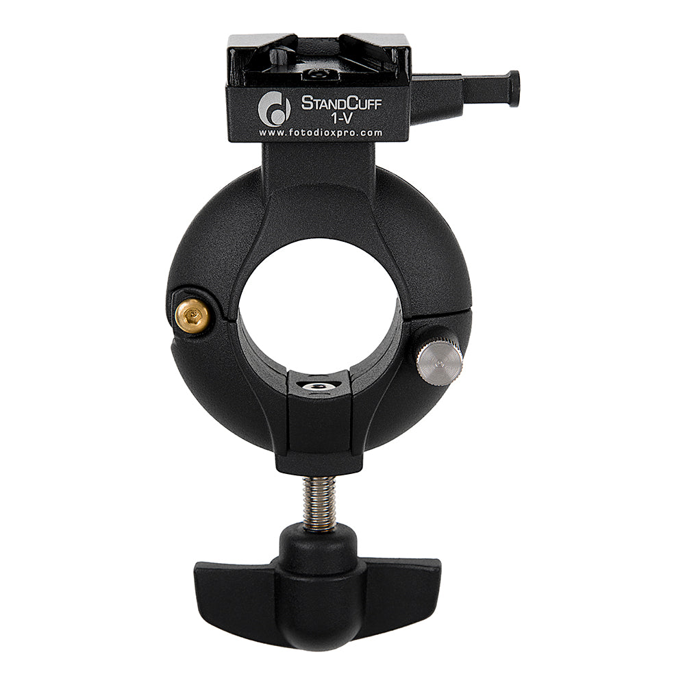 StandCuff 1-V - Compact V-Lock Battery Stand Mount for 20-35mm Diameter Pole Section, All Metal Construction w/ Geared locking Mechanism
