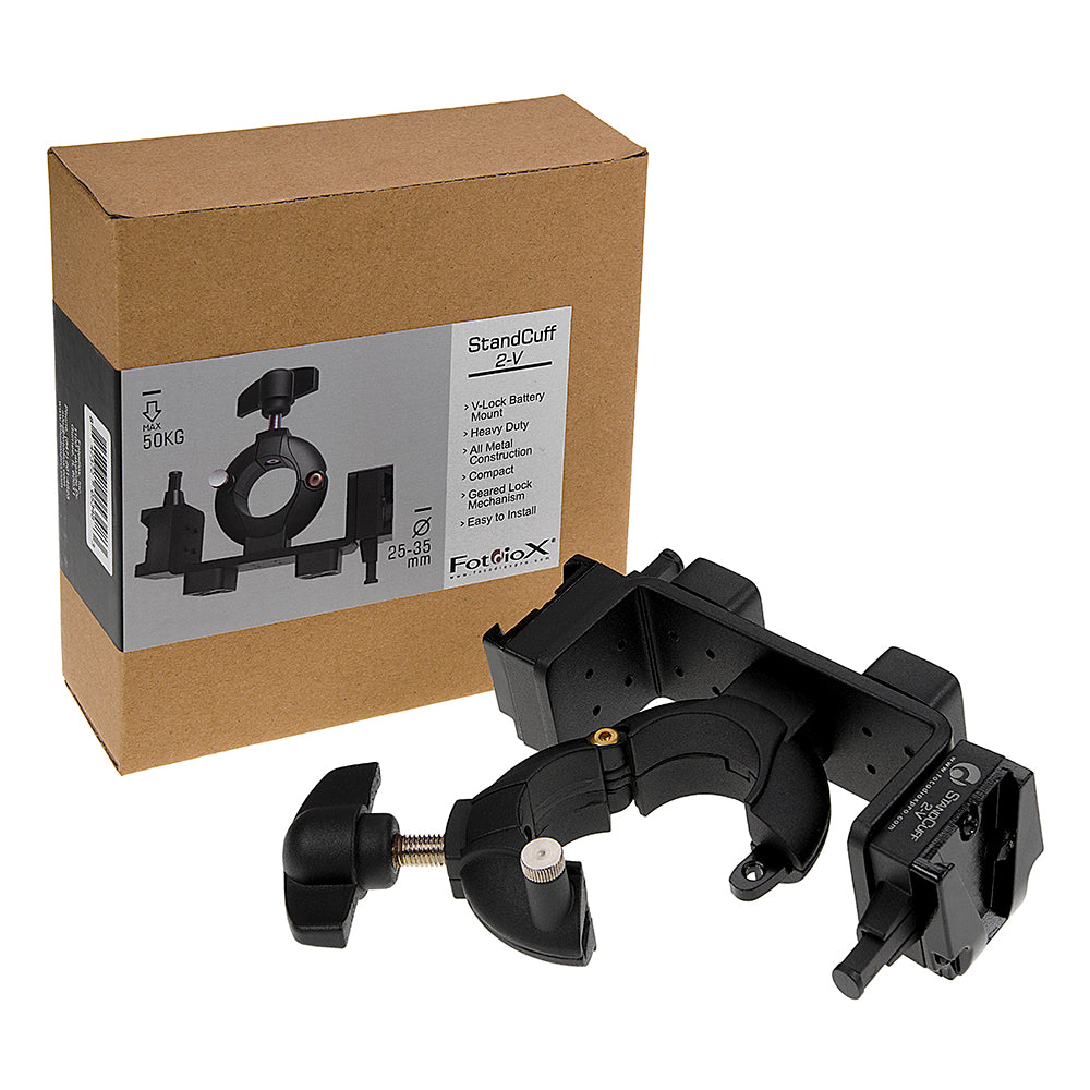 StandCuff 2-V - Compact 2x 3/8", 1/4"-20 & V-Lock Battery Stand Mount for 20-35mm Diameter Pole Section, All Metal Construction w/ Geared locking Mechanism